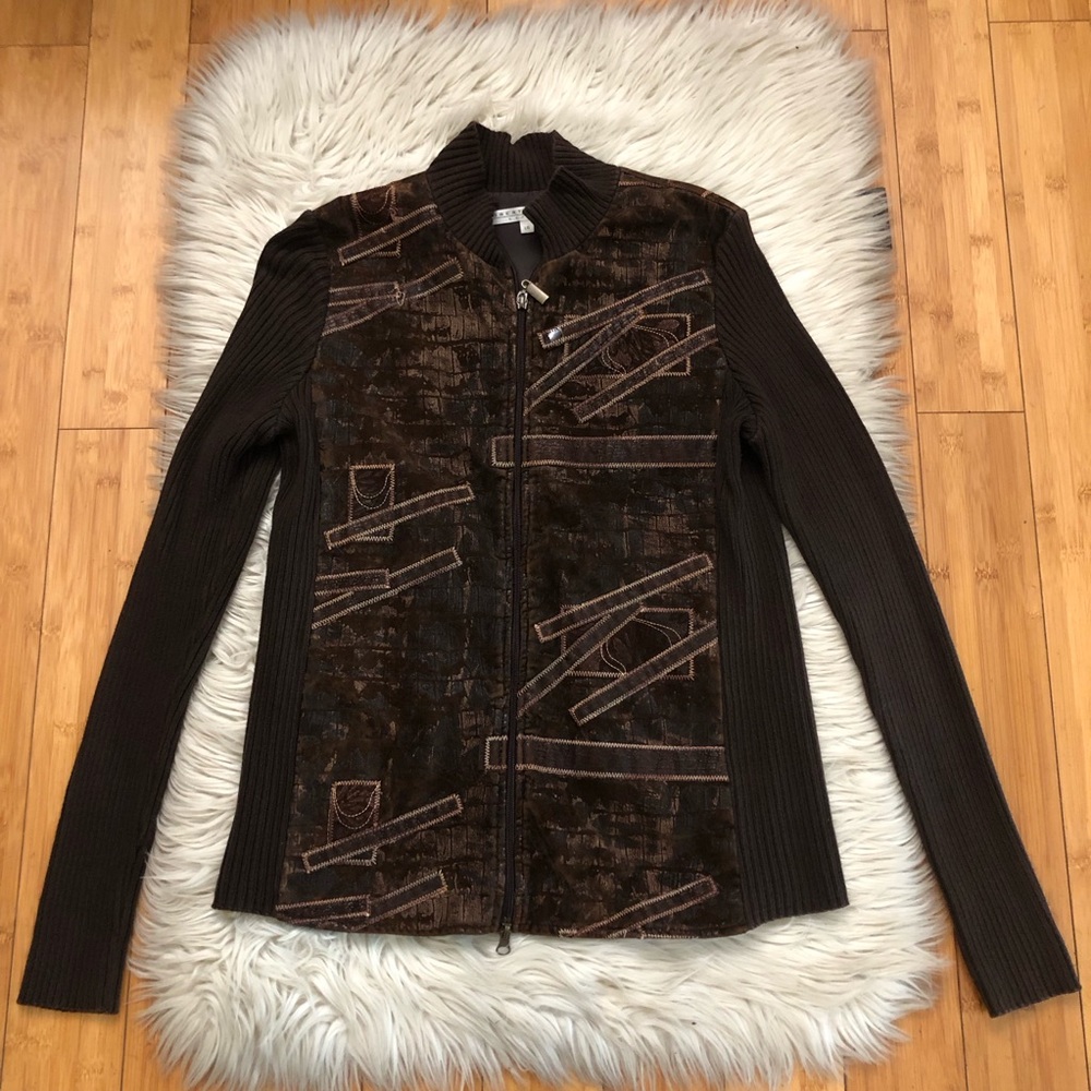 Robert Kitchen Canada Abstract Embroidered Zip Up Knit Combo Brown Jacket size L